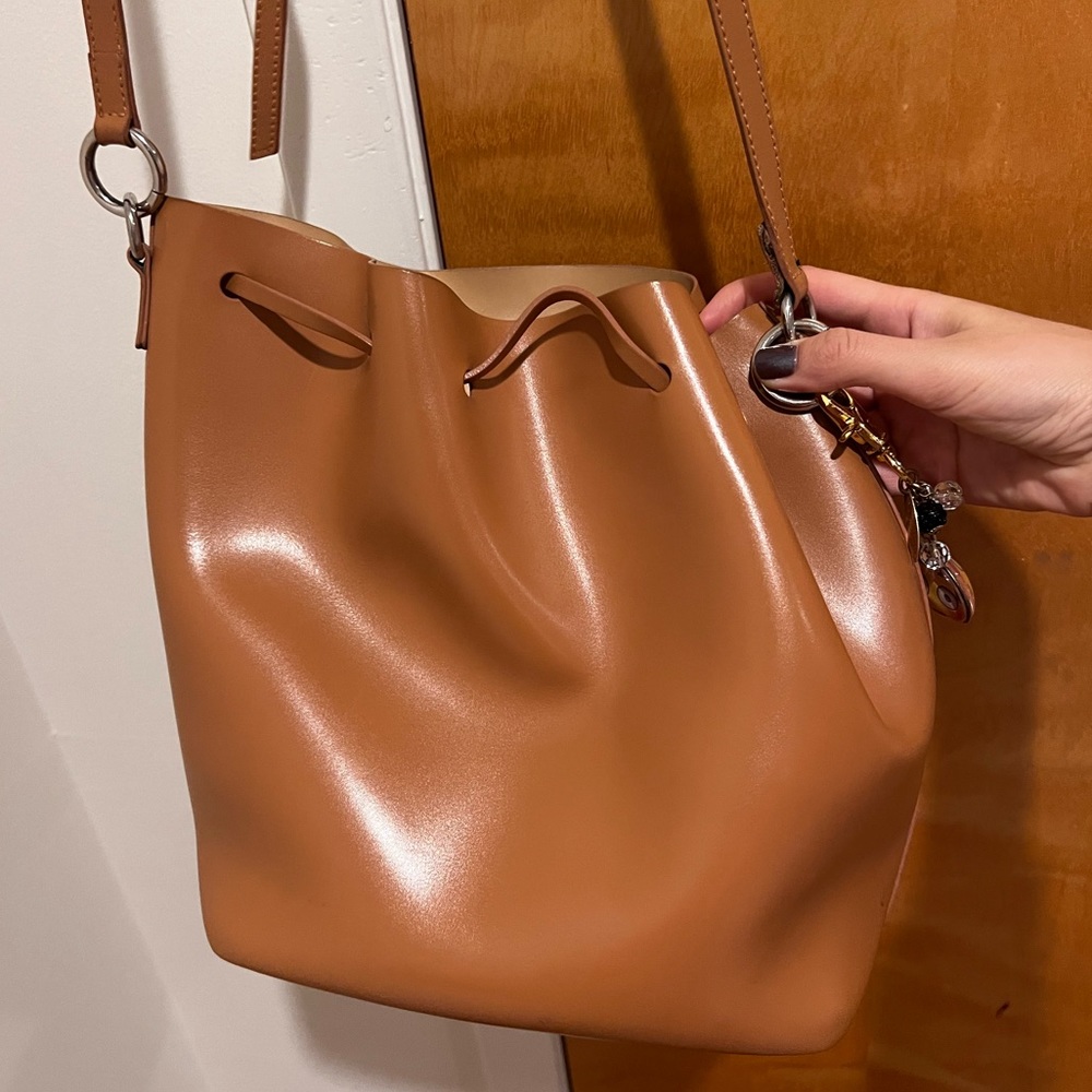 N21 brown leather crossbody bucket bag. Comes with mini pouch and emoji keychain
